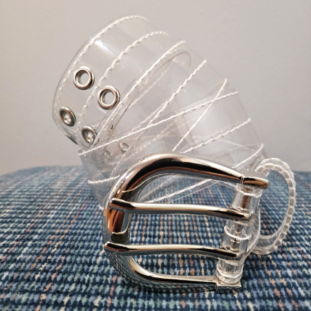 Transparent And Silver Double Holed Belt | Size 43 inches + Buckle